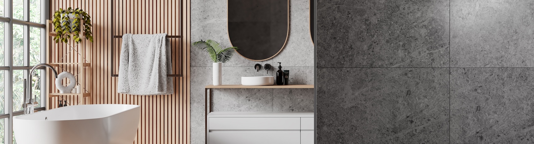Wooden and gray bathroom interior with tub, sink and blank wall