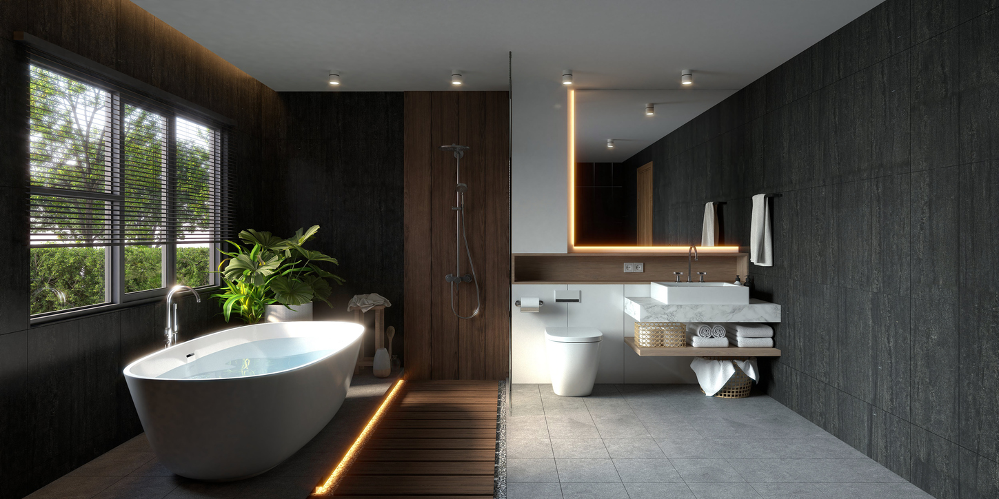 A modern bathroom with a sleek bathtub, natural lighting, and elegant design elements, creating a serene and stylish atmosphere. 3D rendering